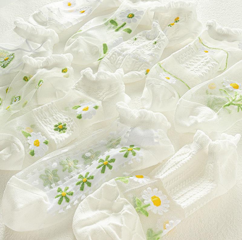 Product Introduction of Tất Lụa Pha Lê Mùa Hè, 5 Đôi, Siêu Mỏng, Trong Suốt, Tất Ngắn Ren Cho Bé Gái, Thời Trang, Hoa Cúc Tươi, Tất Thuyền Vô Hình 7