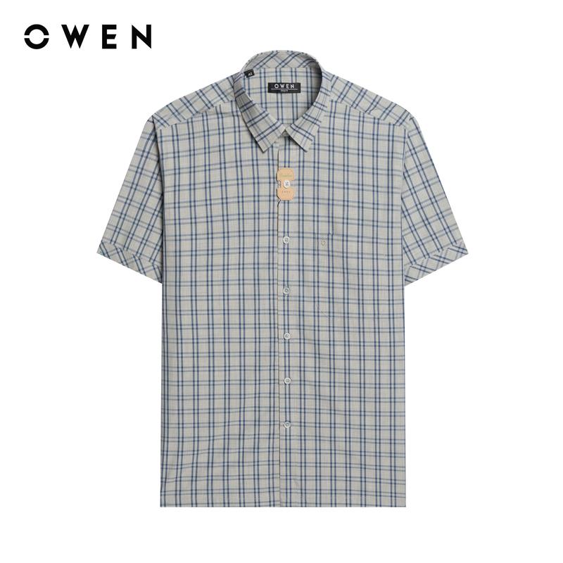 OWEN - Áo sơ mi Nam Ngắn tay Body Fit Có túi AB250043NT màu Xám chất liệu Bamboo poly Họa tiết Kẻ caro Menswear