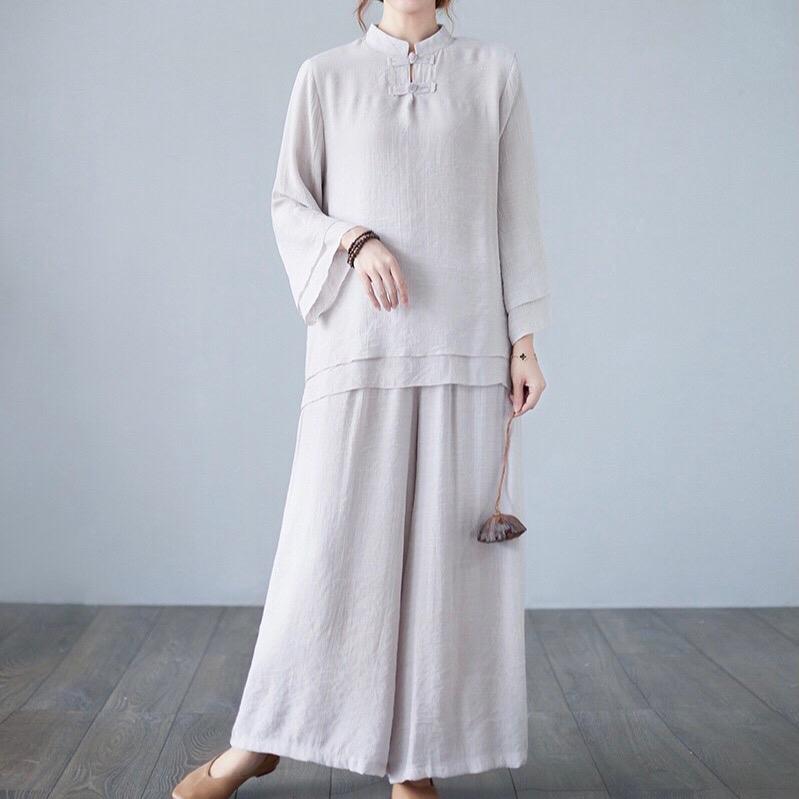 [Thiền Trà]Bộ Thiền Nữ An Vân – Tơ Đũi Mềm Mịn Cao Cấp, Form Rộng, 3 Màu Thanh Nhã | Size M–2XL 3
