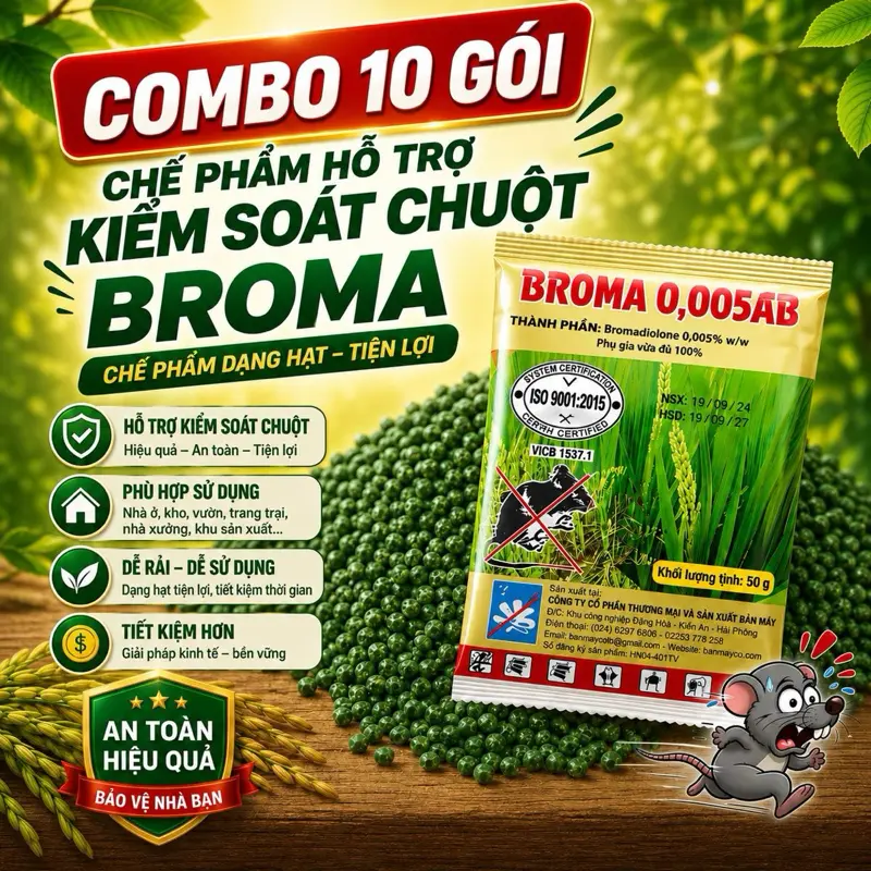 Hạt thóc kiểm soát chuột và gặm nhấm trộn sẵn dùng cho khu vực có gặm nhấm như nhà ở, kho hàng, đồng ruộng, vườn rau. Đóng gói sẵn 50g, rắc dải trực tiếp, không cần pha trộn.