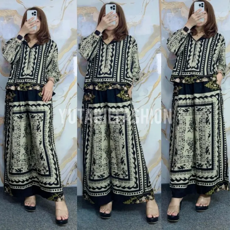 ONE SET CROP SETELAN CELANA KULOT WANITA HIGHTWAIST LENGAN 7/8 RAYON PREMIUM BUSUI FRIENDLY KANCING - SETELAN MOTIF CELANA KULOT BARU 6