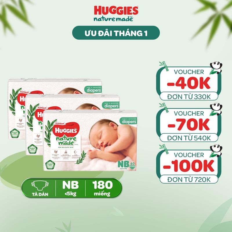  Thùng 3 gói Tã Bỉm dán sơ sinh Huggies Platinum NatureMade Size NB60 S82 M64 L54 XL44 
