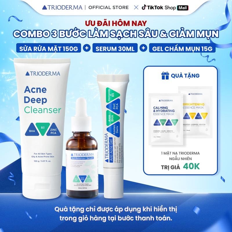   KOL  Combo 3 bước hỗ trợ giảm mụn Trioderma Gel Rửa Mặt 150g + Serum 30ml + Gel mụn 15g  làm sạch giảm mụn mờ thâm mụn  