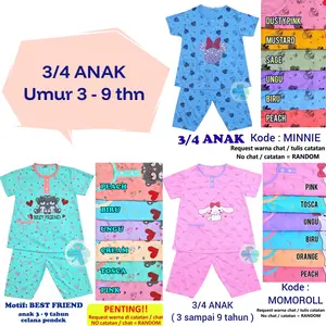 Baju Tidur Babydoll 3/4 ANAK umur 3 sampai 9 Tahun