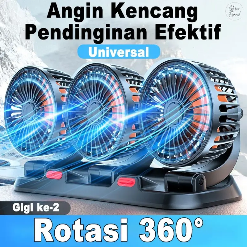 [Gloria] Kipas Angin Mobil 3 Kepala 12/24V Kipas Pendingin Truck USB Dashboard Rotasi 360 Fan Car Simple 1