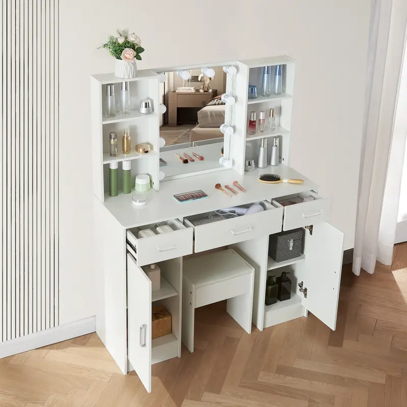 White Dressing Table with Adjustable LED Lights Mirror 3 Color Temperatures Vanity Desk with 3 Drawers and 2 Cabinets Large Makeup Desk Bedroom Dresser 5