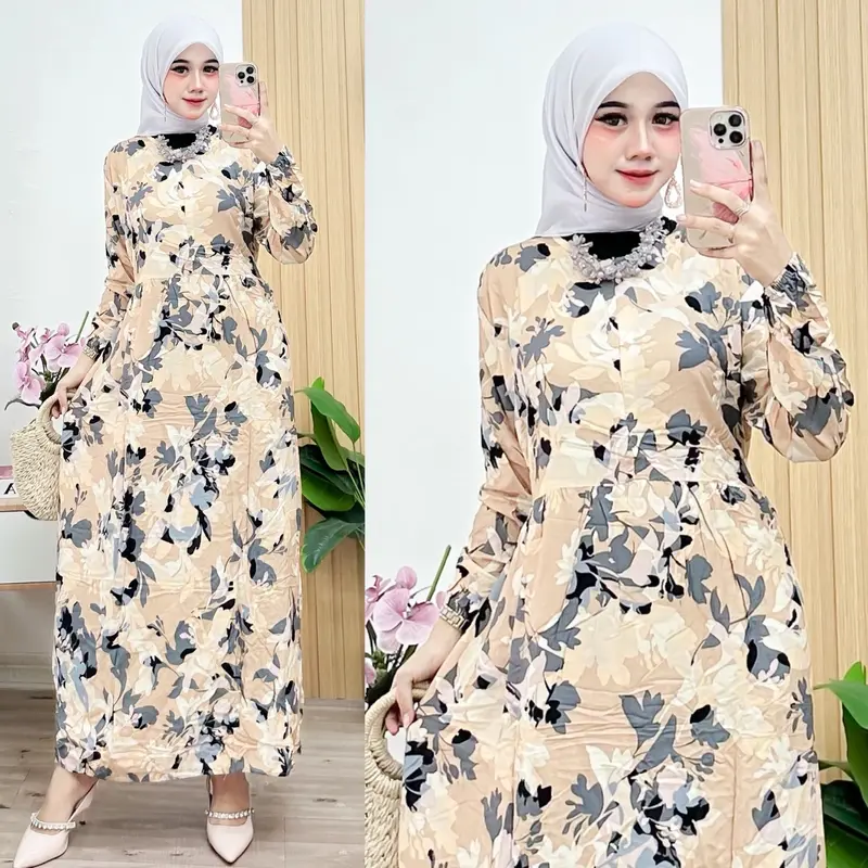 Midi dress motif terbaru gamis homedress kekinian rayon 1