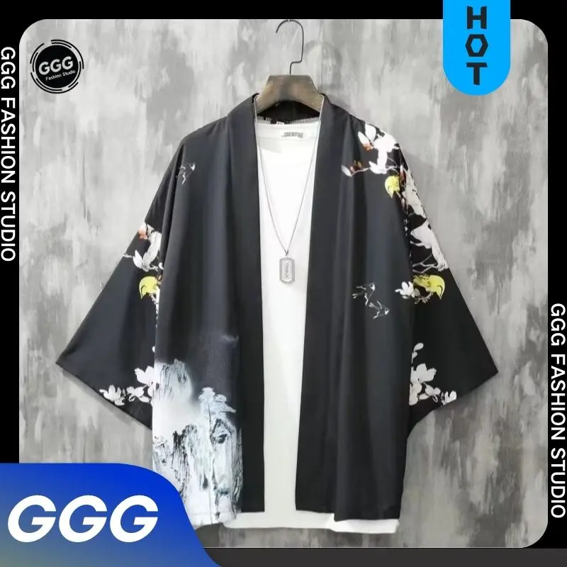 【GGG】Áo Sơ Mi Nam Kimono Nhật Bản, In Hoa Mận Và Chim Màu Vàng, Tay Áo Năm Phần Tư, Phong Cách Trung Quốc, Dao Áo Choàng, Thích Hợp Cho Nam Và Nữ, Thích Hợp Cho Các Cặp Đôi, Có 2 Màu Menswear Shirt