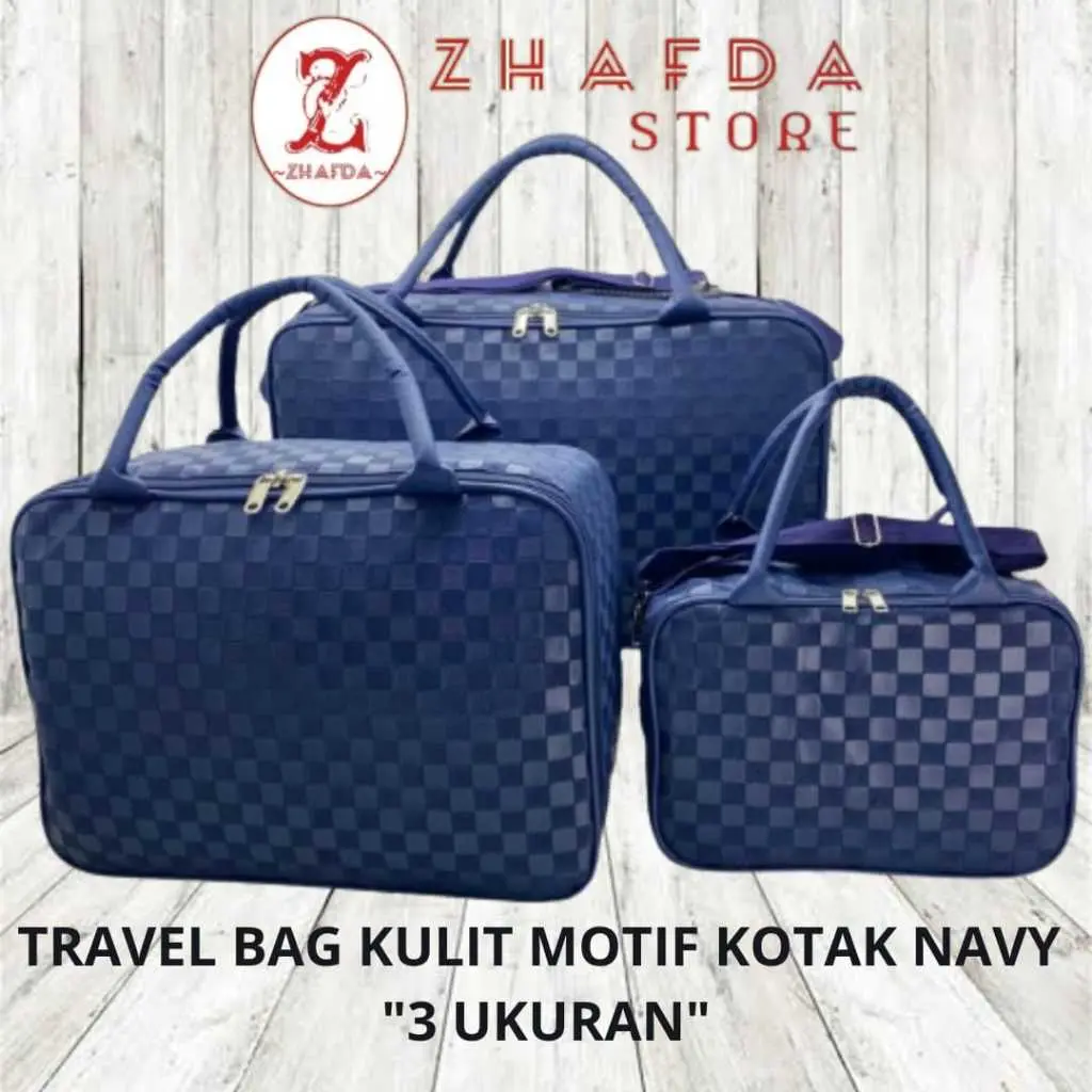Travel Bag Kulit Waterproof Motif Kotak Warna Navy / Tas Travel Bag 3 Ukuran / Tas Travel Catur / Tas Koper / Tas Pakaian / Tas Dufel / Tas Travelling