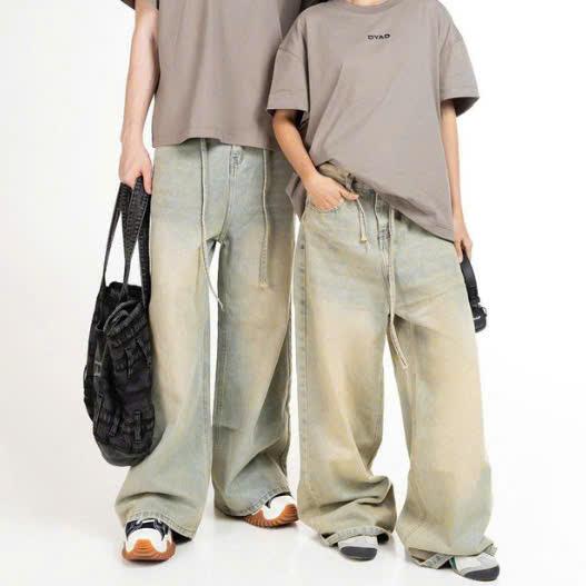  Quần jean ống rộngmàu rêu vàng unisex đồ đôi quần jean  nam phong cách Hàn Quốc quần hiphop nam Denim Cao Cấp 