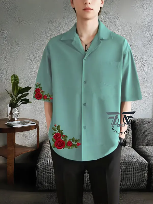 Kemeja Vintage Pria Lengan Pendek Polos Motif Hawai Roses Korean Style Bahan Katun - Kemeja Kerah Piyama 4