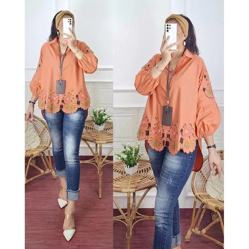 MUFASH - GLORIA BLOUSE Atasan Kemeja Wanita Bahan Katun Lengan Balon Motif Bordir by Mumu Fashion Solo 0