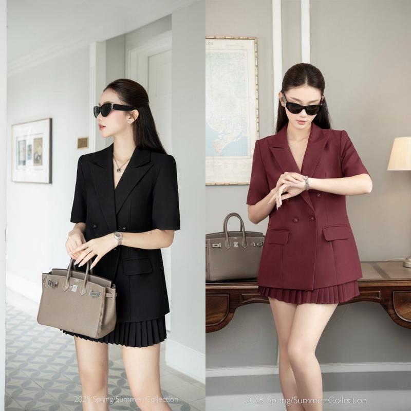 Set vest nữ dáng dài tay ngắn cao cấp phối chân váy xếp ly – Blazer nữ công sở sang trọng Hb.closet S28