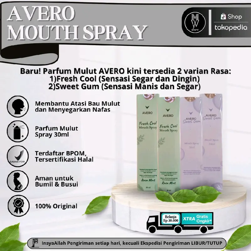 AVERO Fresh Cool Mouth Spray, AVERO Sweet Gum Mouth Spray, Parfum Mulut BPOM, 100% Original dan Best Seller 0