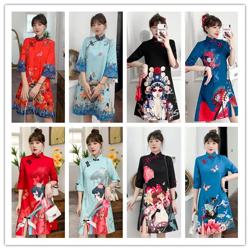 Loose 2024 New Year Fashion Modern Chinese Cheongsam A-line Dress Women 3/4 Sleeve Qipao Traditional Chinese Clothes