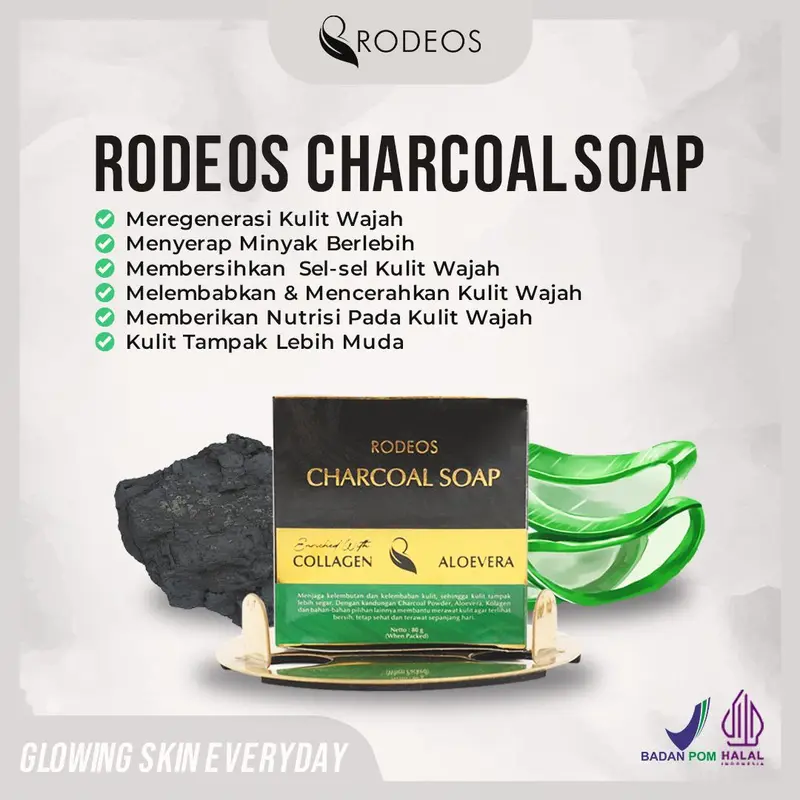 Rodeos Charcoal Soap 80g - Pencuci wajah, Facial Wash, sabun Jerawat, membersihkan kotoran, mencerahkan, Berminyak, Kering, Flek Hitam, Kusam, Bopeng, Komedo, Berjerawat, Pencerah Muka, Perawatan wajah Cleanser, Pria & Wanita, BPOM Halal 8
