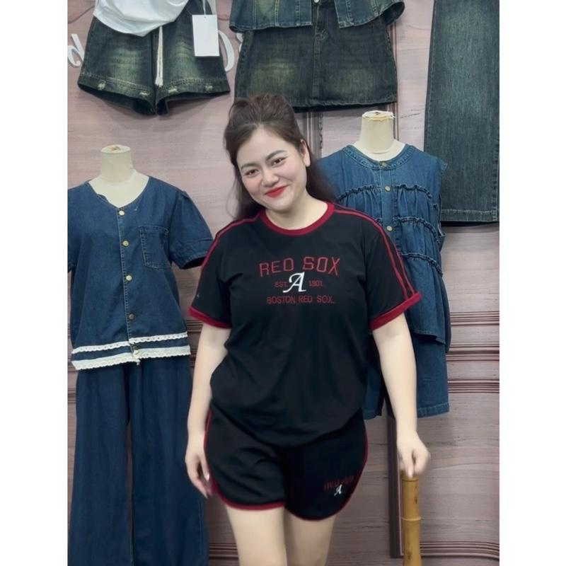 6202 BIGGSIZE Set bộ nữ áo phông form rộng thêu chữ RED SOX kèm quần short cạp chun phối viền