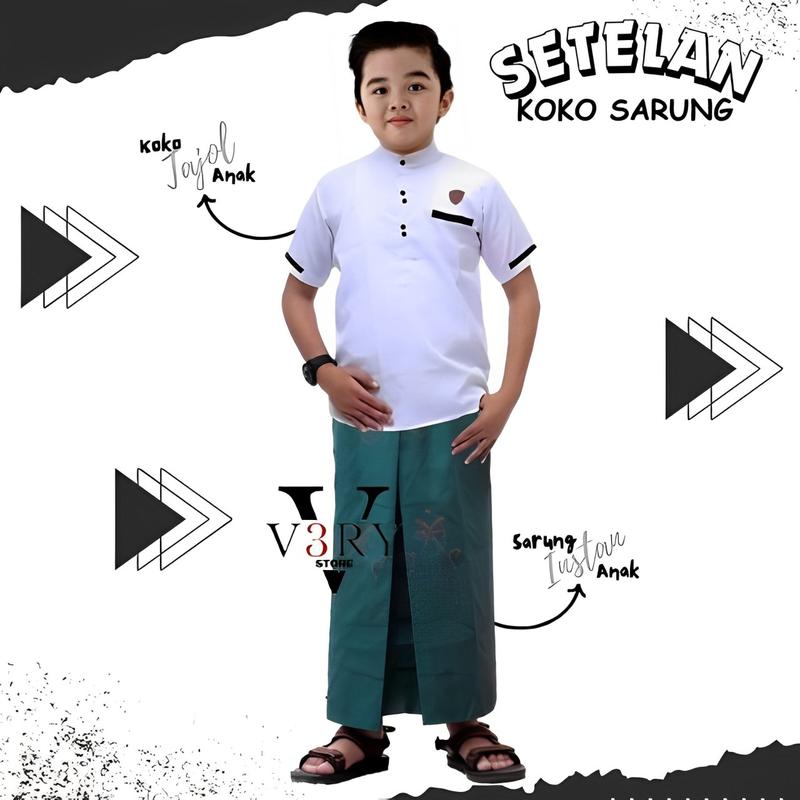 Setelan Koko Sarung Instan Anak Laki-Laki Usia 3-12 Tahun - set Baju Muslim Anak Pendek 9