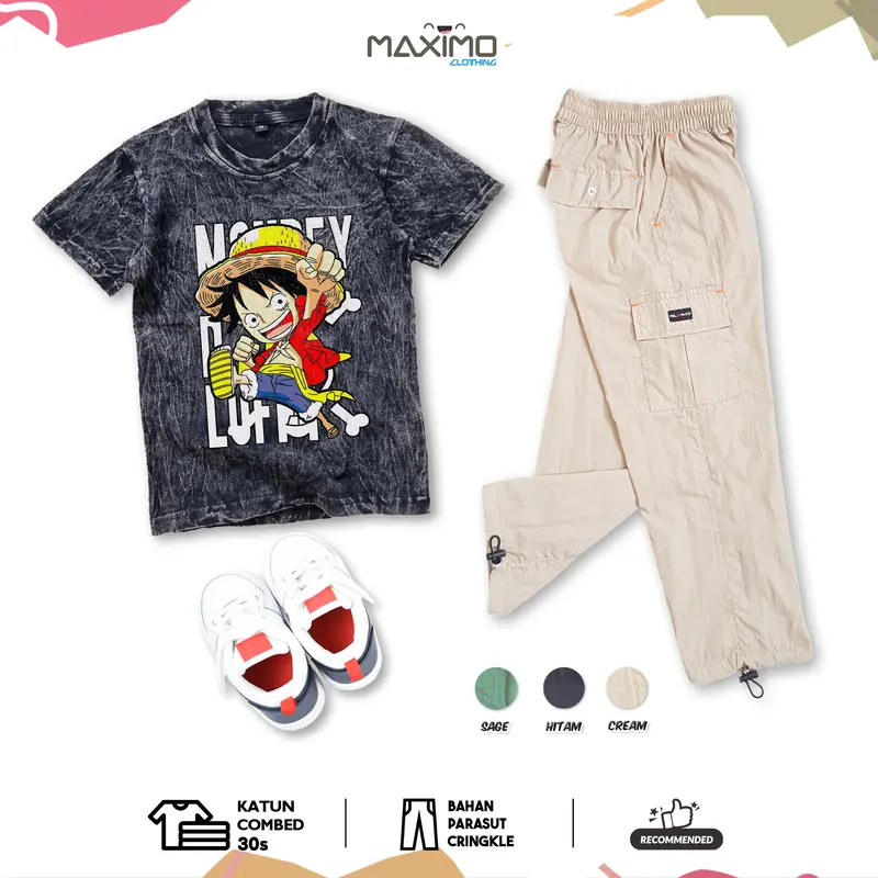 Setelan baju anak anak laki laki - Chibi Luffy One Piece Wash dan Celana Kargo Parasut Panjang 3 warna - untuk Usia 4 Hingga 12 Tahun - Fashion Anak 2