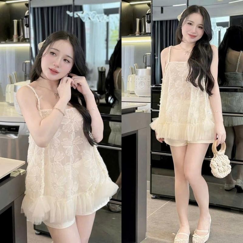 S979 (TÁO ĐỎ BIGSIZE 55-90KG) SET 2 MÓN ÁO BABYDOLL 2 DÂY REN HOA + QUẦN