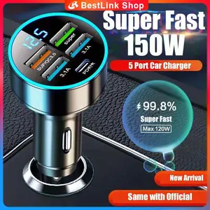 【BestLink Shop】150W Mobil Adaptor Charger Cepat Ponsel Di Mobil Adaptor Pengisi Daya Cepat Ponsel Auto Tampilan LCD 4 USB Port Type C PD Led Logam Adapter Car Kamera Kendaraan