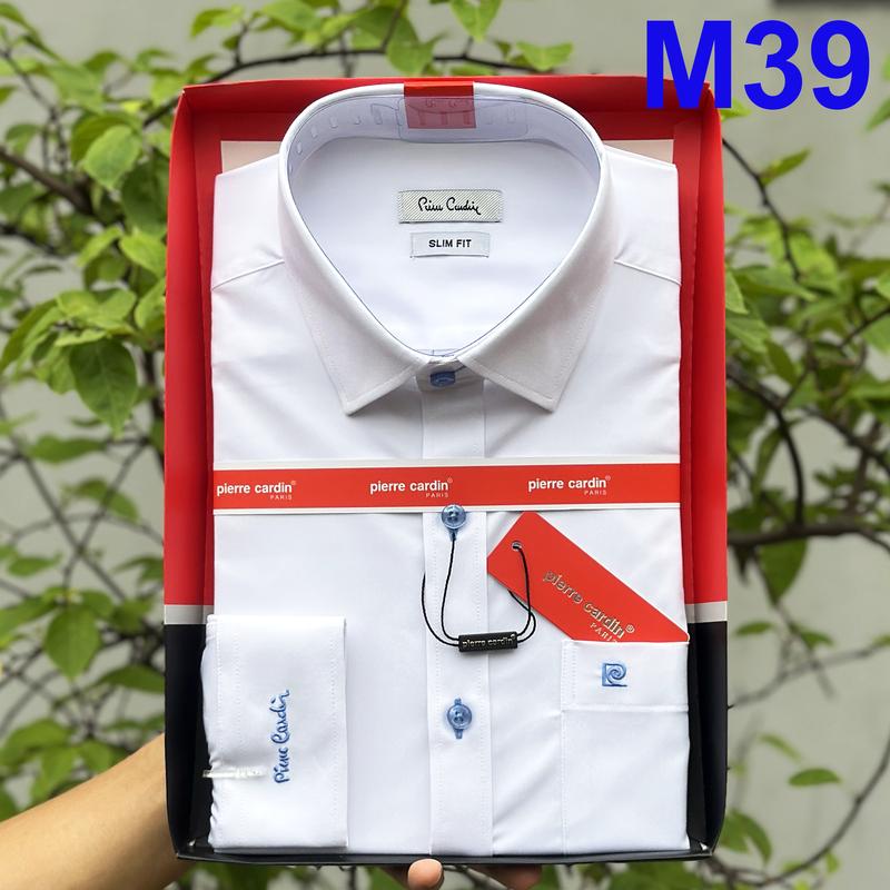  Áo Sơ Mi Pierre Cardin Dài Tay Trắng Trơn Logo Xanh Vạt Bầu M39 