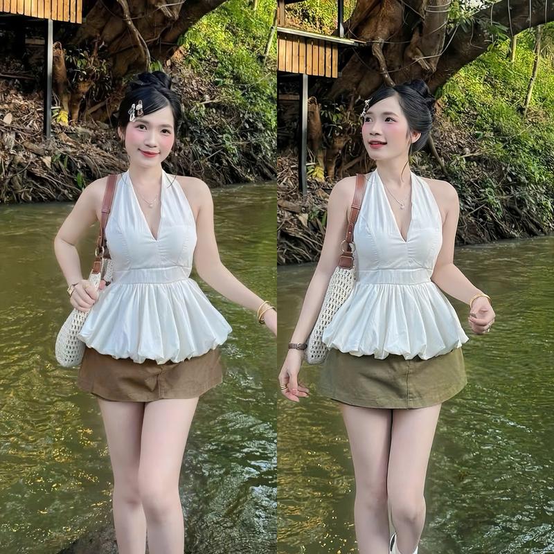 Set đồ nữ áo thiết kế cổ yếm dáng bí phồng [Có Mút] kèm chân váy kaki chữ A [Có Lót] sang chảnh dành cho các nàng diện đi chơi, đi tiệc.