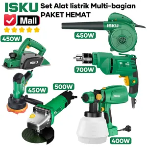 ISKU Set Mesin Bor Listrik 10mm Gerinda Tangan Angle Grinder Mesin Serut Kayu Planer Spray Gun Cat Elektrik Blower Angin Mesin Poles Mobil Alat Perkakas Tukang Bangunan Kayu Besi Mebel Power Tools Komplit Low Watt Garansi Resmi Original
