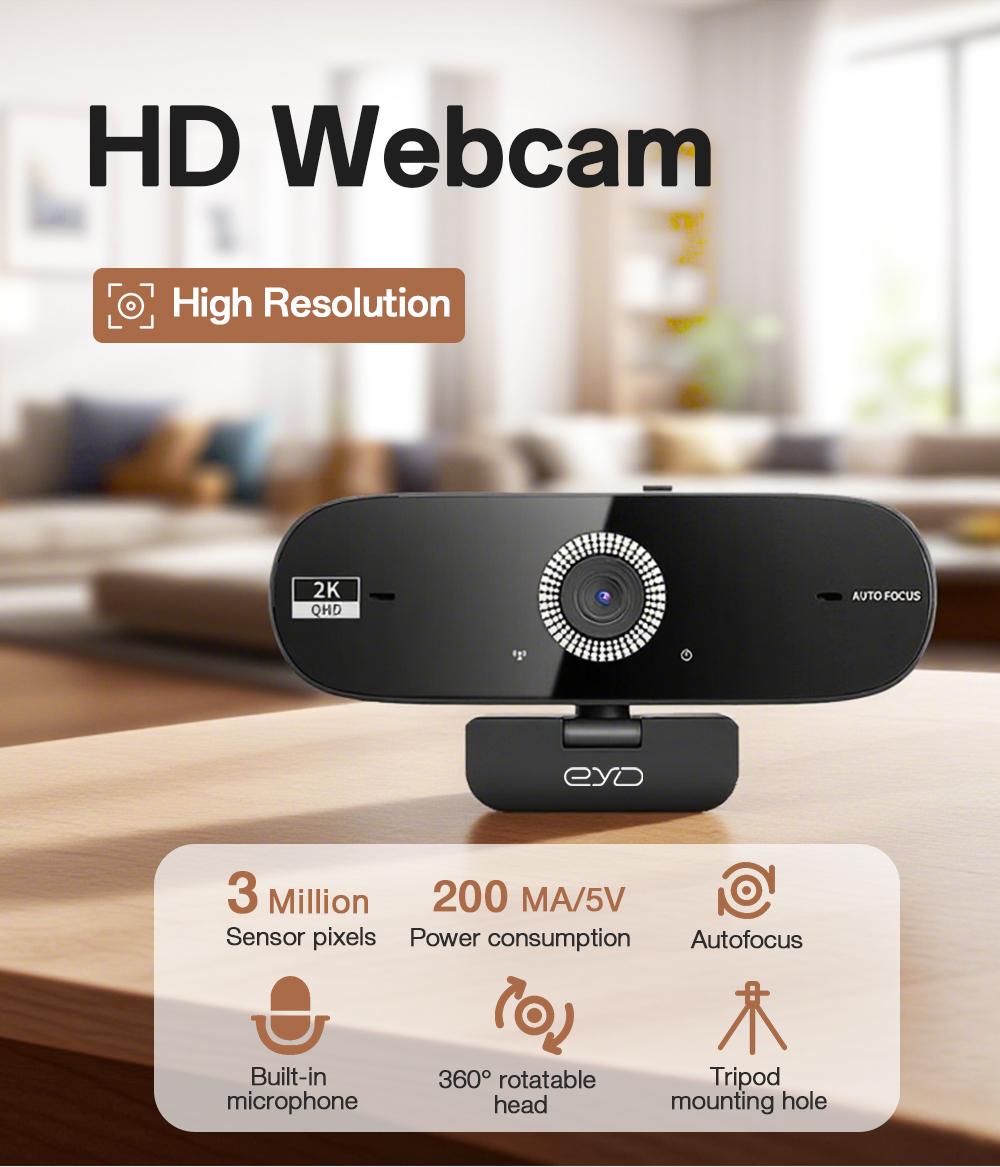 EYD 2K Webcam Autofocus Mikrofon internal Tutup Lensa Privasi Rotasi 360 Untuk USB Laptop Komputer PC Camera PC02 Kamera Windows/Linux/Android/MacOS