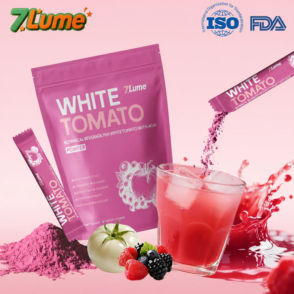 7LUME Cà Chua Trắng 800mg – Công thức 9 trong 1 White Tomato, với acai, nam việt quất, việt quất và dâu tây giàu vitamin C, giúp làm sáng da, chống oxy hóa, hỗ trợ giảm mụn, làm mờ nám, tăng cường đề kháng | 1 gói (7 gói thanh)