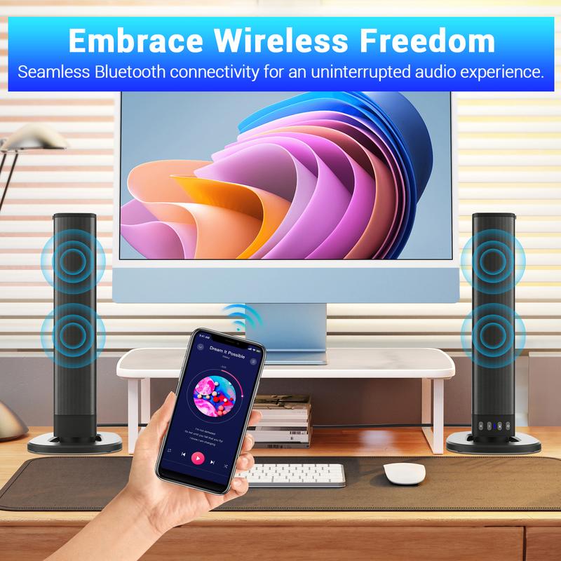 Small Bluetooth Sound Bar for TV, PC Speakers Soundbar 20W, Computer Soundbar for Monitor with USB, TF, FM, TWS, RCA & AUX Playback, 2000mAH Battery, Detachable 3