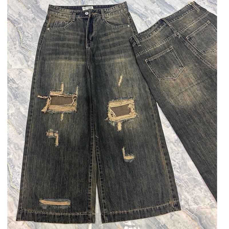 XL-2XL-3XL 4224 Quần Jean Ống Suông Rách Gối Dành Cho Nấm Lùn Dài 94cm Ống Rộng 28cm