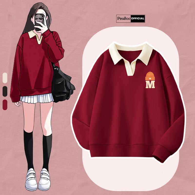 Áo Sweater Cổ V Nỉ 2 Da By PEABOO BST 08 Cream Kity Dáng Unisex Form Rộng Cho Nam Nữ