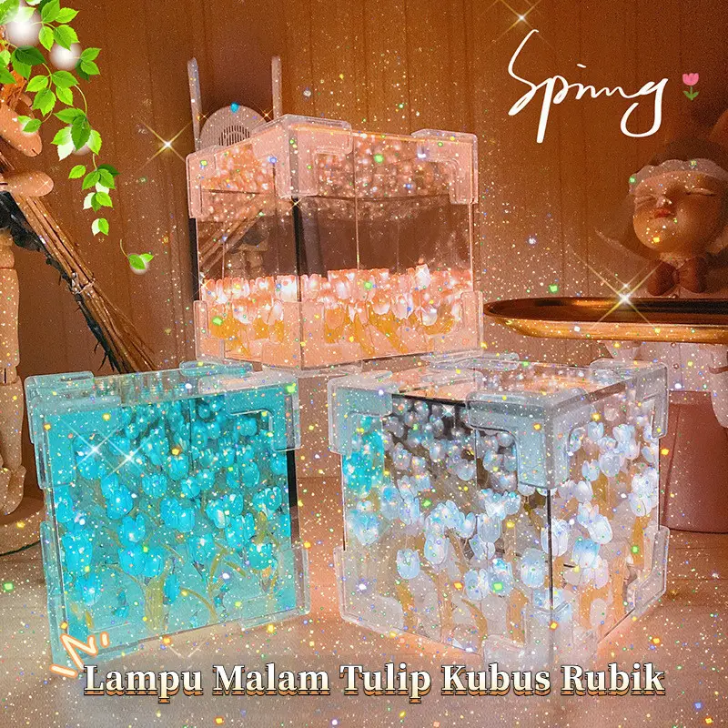 ID-TOOLS 21 Bunga Tulip Lampu Lampu DIY Tulip Lampu Malam Led Cermin Lampu Dekorasi Hadiah Ulang Tahun 1