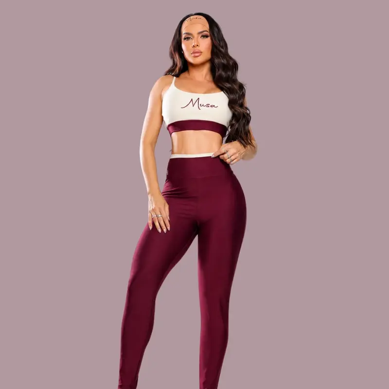Conjunto Fitness Feminino Cintura Alta Tecido Encorpado Top e Calça Legging
