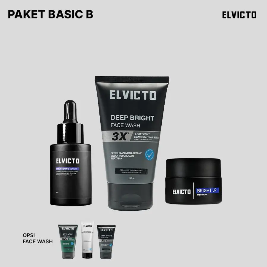ELVICTO PAKET BASIC B | SERUM | FACE WASH | BRIGHT UP MOISTURIZER | Paket Perawatan Pria untuk Kulit Kusam, Kering,