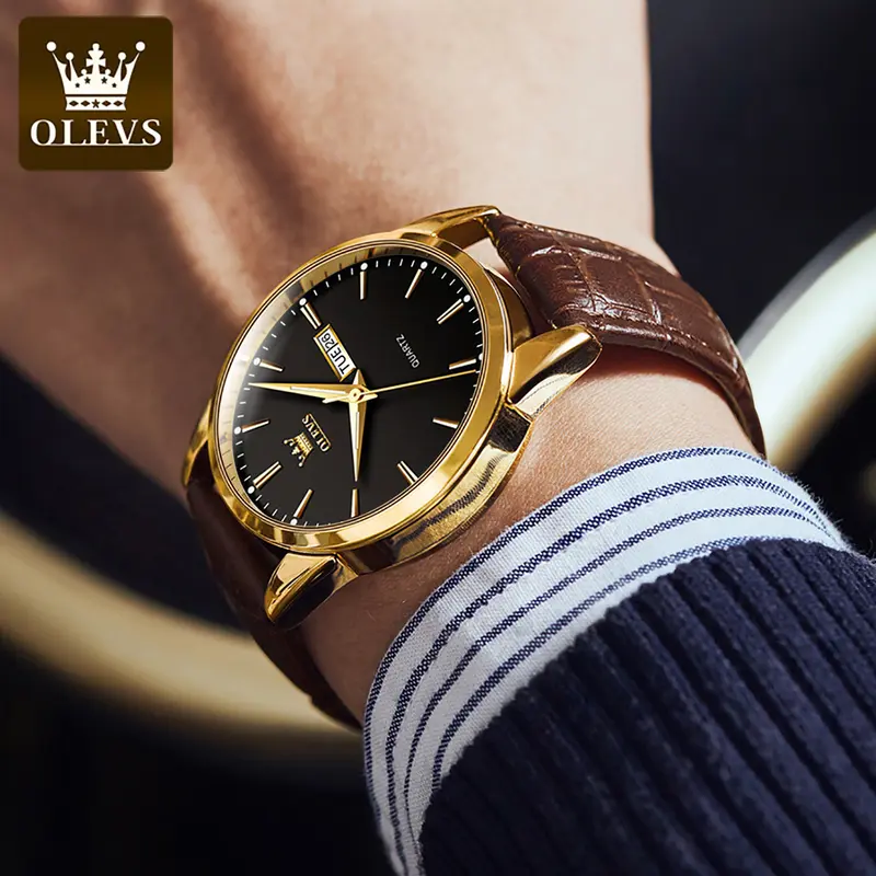 OLEVS Jam Tangan Pria Fashion Tali Kulit Original Anti Air Jam Tangan Cowok Simple Fashion Kuarsa Penunjuk Kalender Bercahaya Tahan Air Analog Men Watch Hitam Putih Biru Cod 7