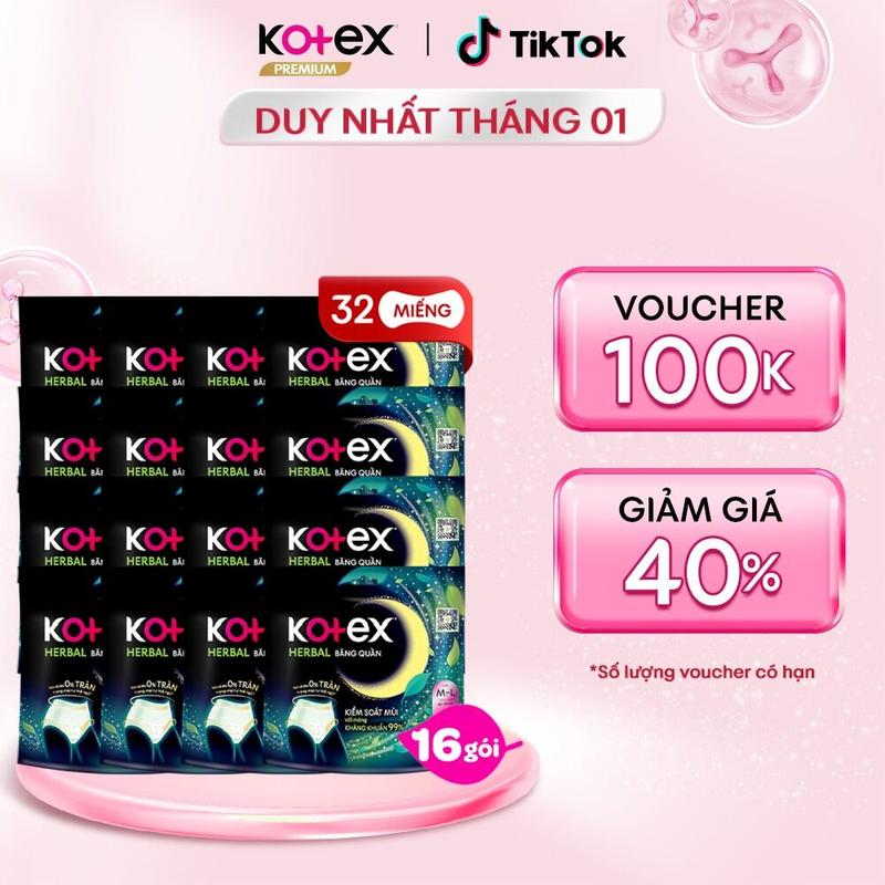  Combo 16 Băng vệ sinh quần Kotex Ban Đêm Thảo Dược Herbal M-L 2 miếng 