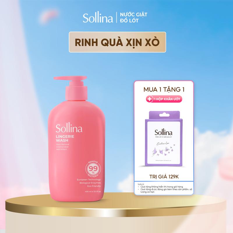 [DEAL SỐC - MUA 1 TẶNG 1] Nước giặt đồ lót chuyên dụng Sollina 400ML Hỗ trợ Làm Sạch & Kháng khuẩn, khử mùi, An toàn cho da nhạy cảm + tặng 1 Hộp Khăn Ướt Vệ Sinh Phụ Nữ Ngẫu Nhiên