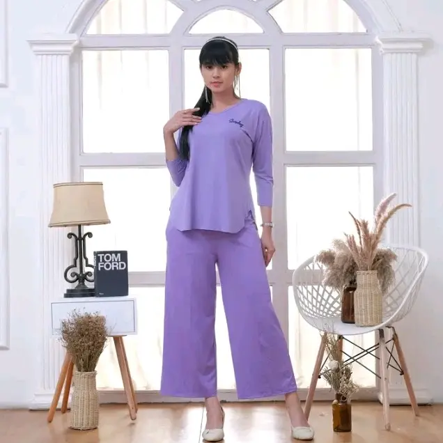setelan kaos wanita setcel spandek premium lengan 7/8 one set murah terbaru atasan baju oversize belah samping celana panjang dewasa jalan soft pink baju wanita 6
