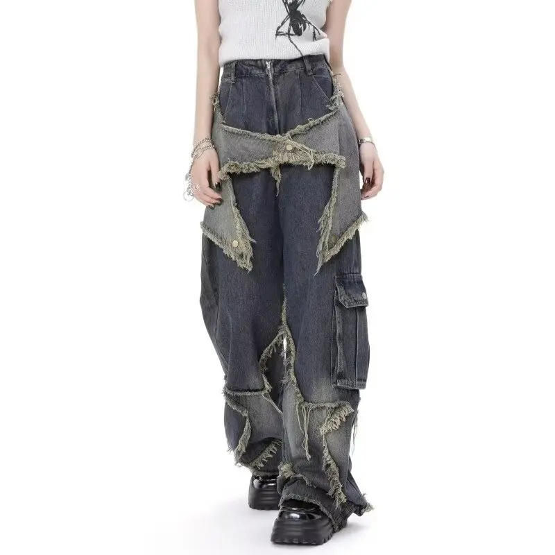 American retro relaxed slim-fit jeans for men, spring and autumn design, frayed edges, floor-length pants, high street straight-leg wide-leg pants