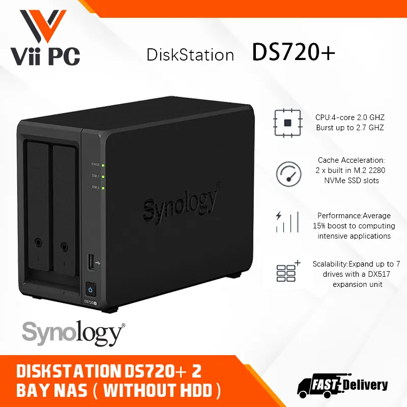 Synology DiskStation DS720+ 2-Bay NAS ( without HDD )-Quad Core 2.0 GHz (turbo to 2.7 GHz), 2GB RAM (up to 6GB)