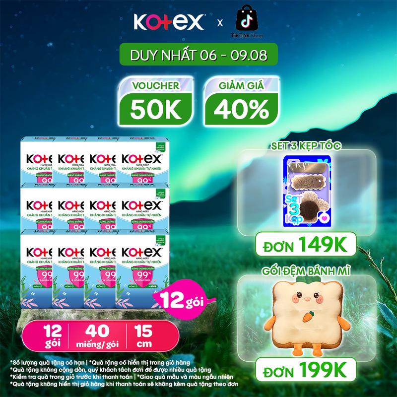 Combo 4/Combo 12 Băng vệ sinh Kotex Hàng Ngày Hỗ Trợ Kháng Khuẩn Tự Nhiên 40 miếng/gói
