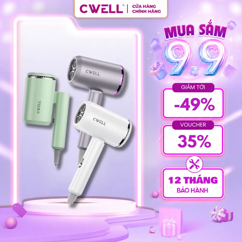 Máy sấy tóc gấp gọn CWELL 2 chiều nóng & lạnh, 3 chế độ nhiệt, công suất 1800W kiểu dáng mới kèm ánh sáng xanh, nhiệt vừa phải giảm xơ rối cho nam và Nữ - NÂNG CẤP C05HD Women - BH 12 THÁNG