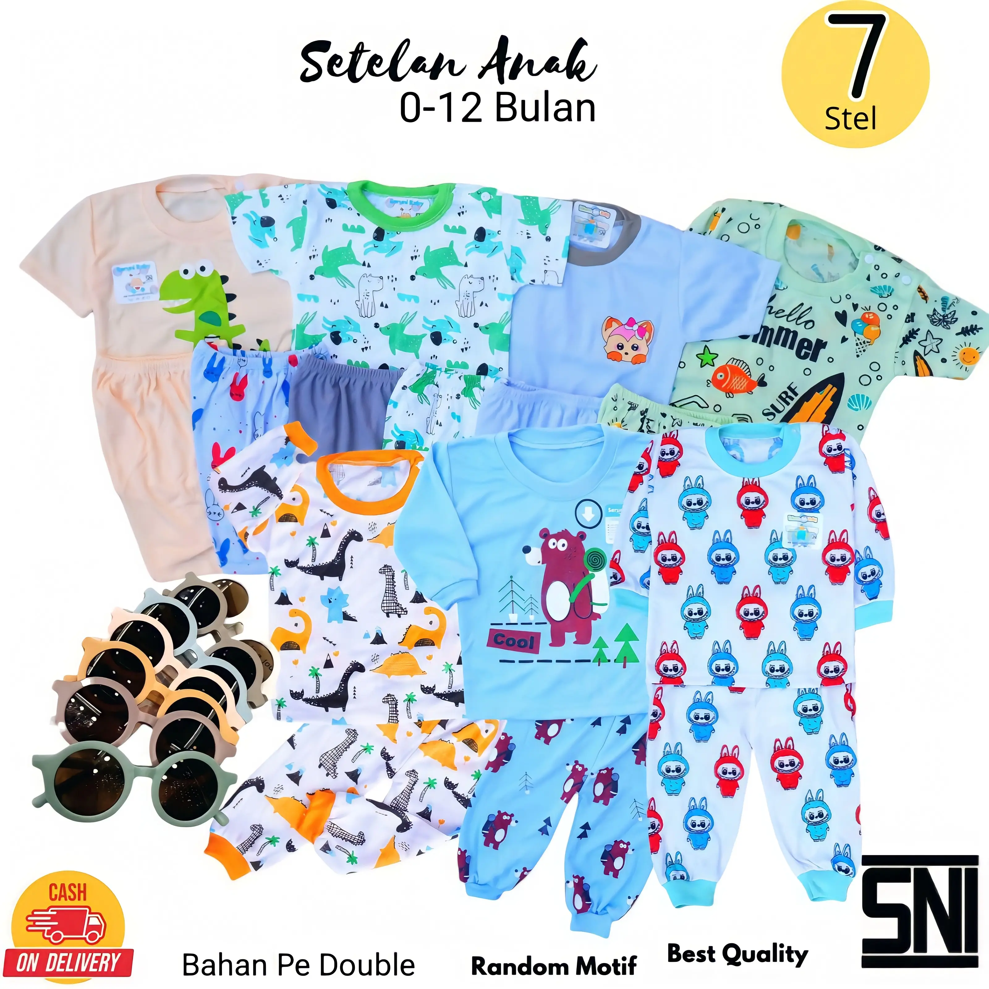 PAKET SETELAN (isi 6-7 pcs) BAJU BAYI 0-12 BULAN MIX MOTIF Cewe dan Cowo FREE KACAMATA Bunda Parsel