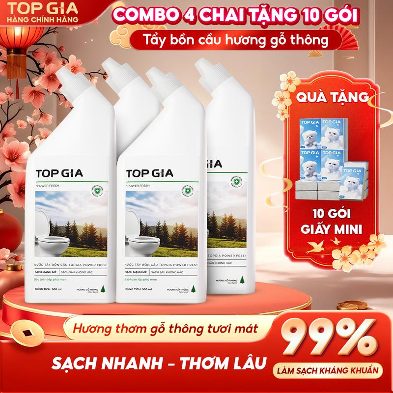 MUA 4 CHAI TBC TẶNG 1 LỐC GIẤY MINI GIAGIA Nước Tẩy Bồn Cầu TOPGIA -Sạch Bẩn Sạch Khuẩn - Tẩy Sạch Mạnh Mẽ & Nhanh Chóng - An Toàn Cho Lớp Men - Mùi Hương Gỗ Thông - Chất Tẩy Rửa Toilet Nhà Vệ Sinh Dung tích 500ml - Topgiaclean - TBCM