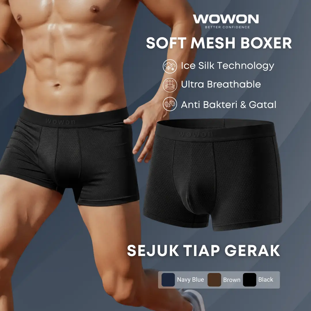 Wowon Men Boxer - 3 Pcs - Celana Dalam Pria Soft Mesh Boxer - Anti Bau & IceSilk Technology - Ultra Breathable - Fit Nyaman