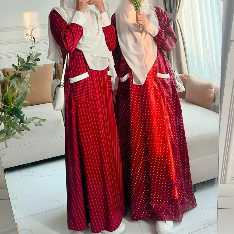 GAMIS ABAYA MERAH MAROON MOTIF KEKINIAN POLKADOT DAN STRIPE