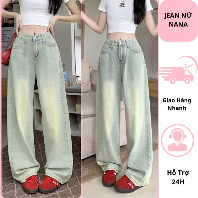 Quần jeans ống suông lưng cao màu xanh bạc phủ bụi quần bò nữ ống rộng chất vải mềm mại không nhắn hottrend 2025