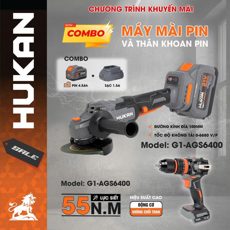 COMBO Máy mài pin + THÂN KHOAN Hukan chính hãng 6400rpm 3 cấp chỉnh tốc đầu lưỡi 100mm động cơ không chổi than 2 pin 1 sac
